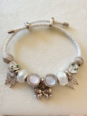 White Leather Charm Bracelet with Sparkling Butterfly & Pearl Accents